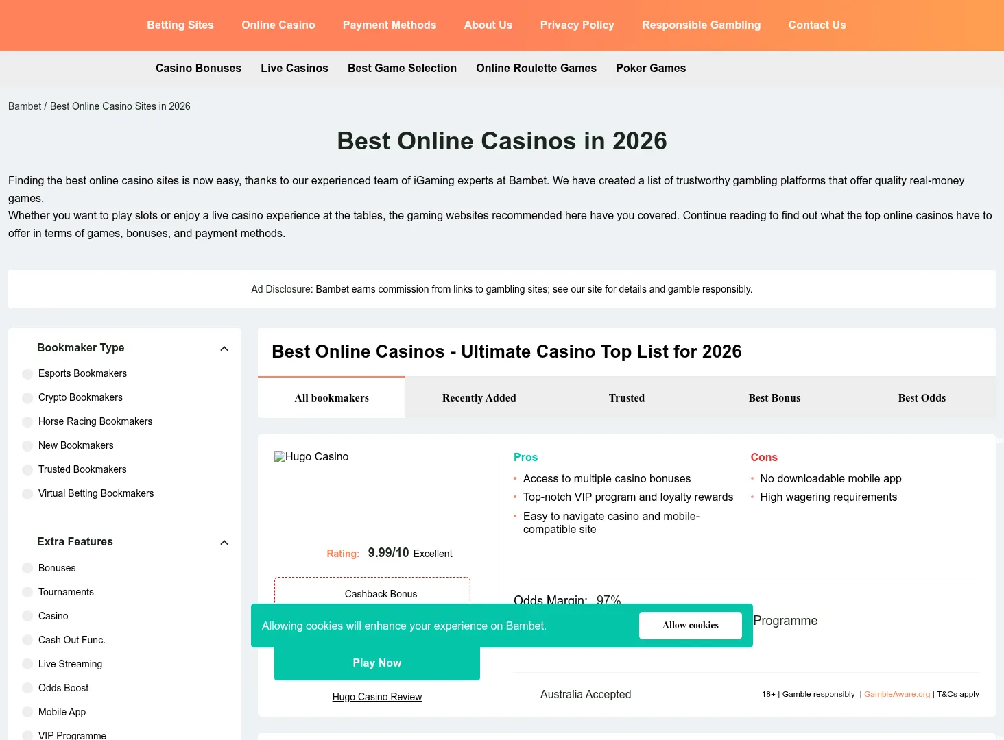 Bambet Casino desktop interface with casino games and account features